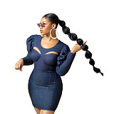 Lantern Sleeve Cut Out Strethcy Bodycon Denim Dresses BN-9299