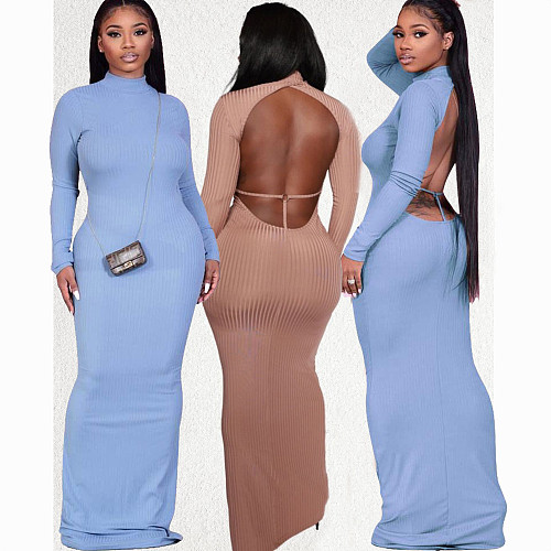 Long Sleeve Turtleneck Backless Bodycon Maxi Dresses BN-9303