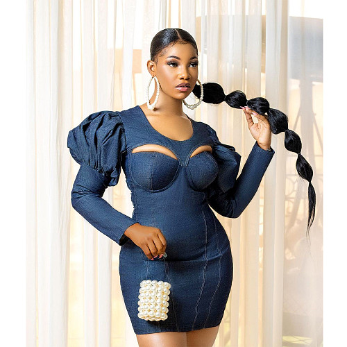 Lantern Sleeve Cut Out Strethcy Bodycon Denim Dresses BN-9299