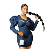 Lantern Sleeve Cut Out Strethcy Bodycon Denim Dresses BN-9299