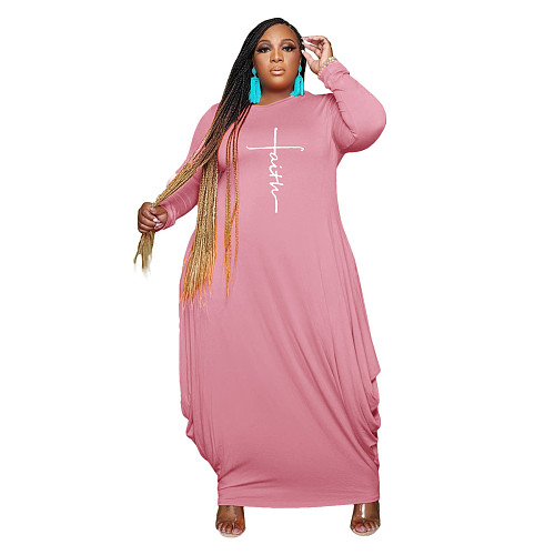 Plus Size Letter Print Long Sleeve O Neck Loose Dress YS-8849