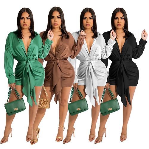 Long Sleeve Turn Down Collar Lace Up Ruched Dress WSM-5295