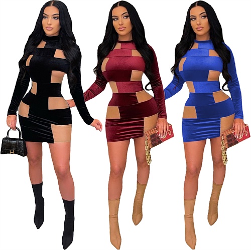 Velvet Mesh See Through Patchwork Bodycon Dress LA-3302