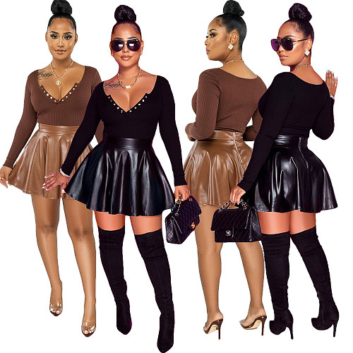 Knitted V Neck T Shirt And PU Leather A Line Skirt Set SD-21103