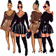 Knitted V Neck T Shirt And PU Leather A Line Skirt Set SD-21103