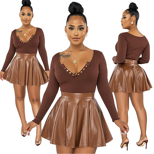 Knitted V Neck T Shirt And PU Leather A Line Skirt Set SD-21103