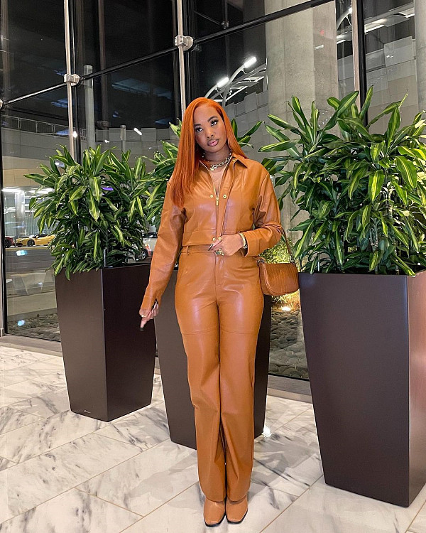 PU Leather Zipper Short Jacket and Pants Set ORY-5218