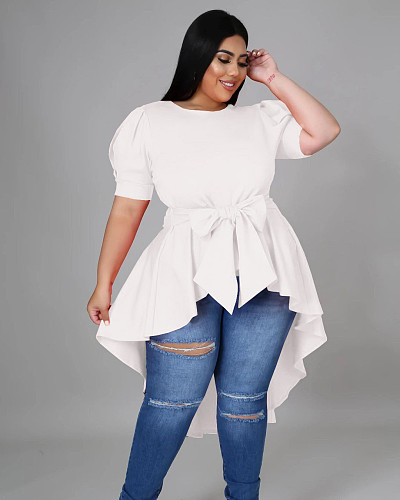 Bow Irregular Hem Short Sleeve Solid Ruffle Tops XMY-9324