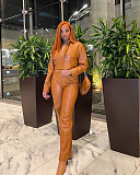 PU Leather Zipper Short Jacket and Pants Set ORY-5218