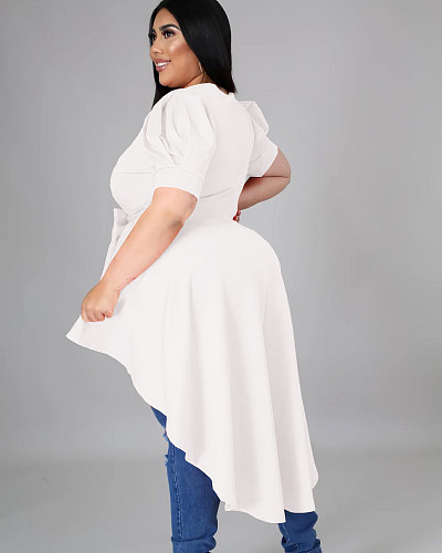 Bow Irregular Hem Short Sleeve Solid Ruffle Tops XMY-9324
