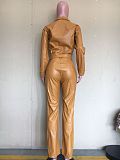 PU Leather Zipper Short Jacket and Pants Set ORY-5218