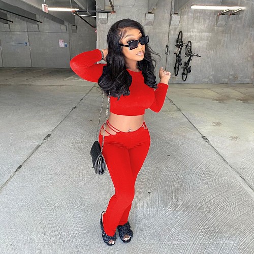 Solid Long Sleeve Crop Top Hole Flare Pants Set MEI-9207