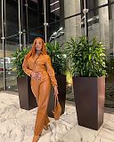 PU Leather Zipper Short Jacket and Pants Set ORY-5218