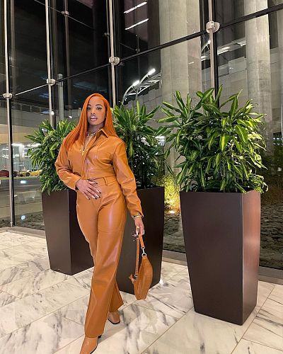 PU Leather Zipper Short Jacket and Pants Set ORY-5218