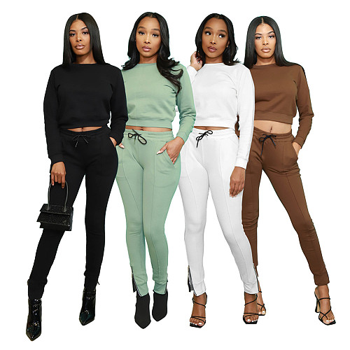 Long Sleeve Crop Top Sporty Two Piece Pants Set DD-88127