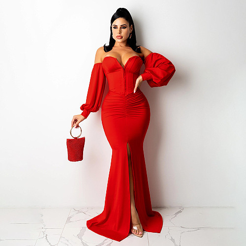 Elegant Off Shoulder Long Sleeve Slit Evening Dress SFY-2131