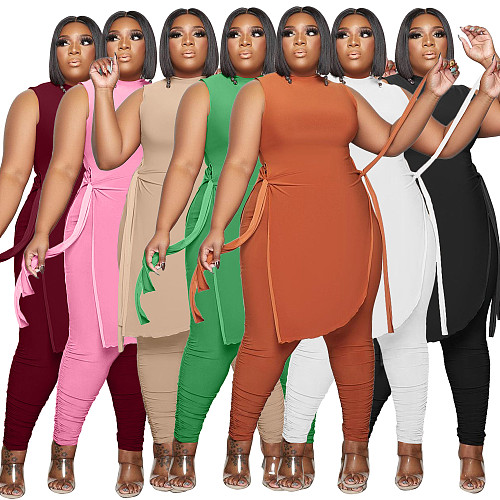 Solid Sleeveless Split Irregular Tops Plus Size Pants Set QY-5267