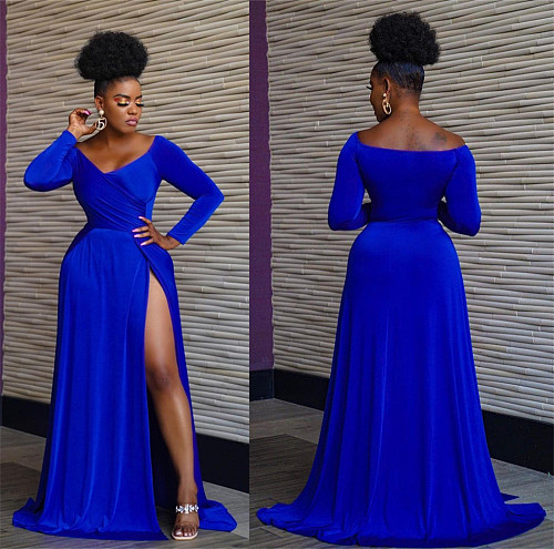 Long Sleeve Off Shoulder V Neck High Slit Long Dress LSL-6474