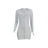Solid Long Sleeve Zipper Hooded Knitted Bodycon Dress YD-8529