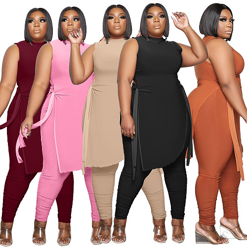 Solid Sleeveless Split Irregular Tops Plus Size Pants Set QY-5267