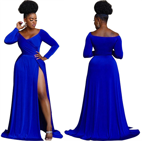 Long Sleeve Off Shoulder V Neck High Slit Long Dress LSL-6474