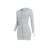 Solid Long Sleeve Zipper Hooded Knitted Bodycon Dress YD-8529