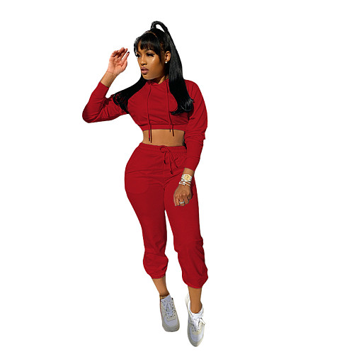 Solid Color Hooded Crop Top Drawstring Pants Tracksuit SFY-181