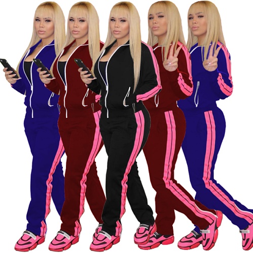 Side Striped Zipper Jacket Coat And Long Pants Set MEI-9219