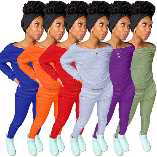 Solid Off Shoulder Long Sleeve T Shirt And Pants Set WA-77049