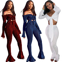 Glitter Off Shoulder Crop Top and Flare Pants Set SH-3416