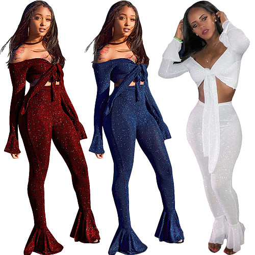 Glitter Off Shoulder Crop Top and Flare Pants Set SH-3416