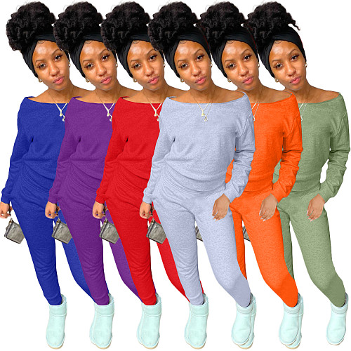 Solid Off Shoulder Long Sleeve T Shirt And Pants Set WA-77049