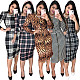 Leopard Check Print Puff Sleeve Dress With Belt LS-1117