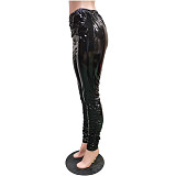 Pleated Elastic Bright PU Leather Skinny Pants BGN-220