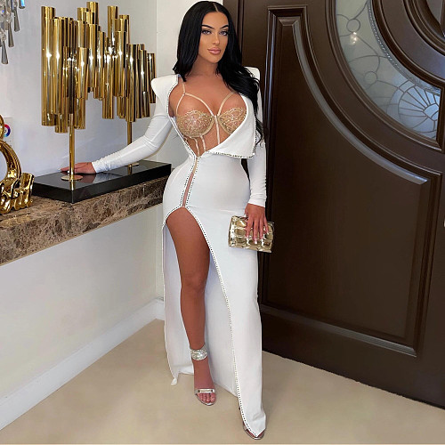Lace Rhinestones Bodysuit+Side Split Party Dress Set NY-2286