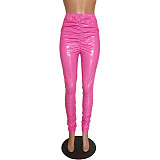 Pleated Elastic Bright PU Leather Skinny Pants BGN-220