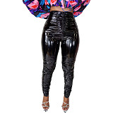 Pleated Elastic Bright PU Leather Skinny Pants BGN-220