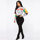 Color Block Print Long Sleeve O Neck Crop Top JLY-19153