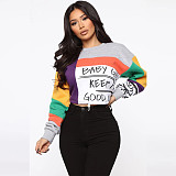 Color Block Print Long Sleeve O Neck Crop Top JLY-19153