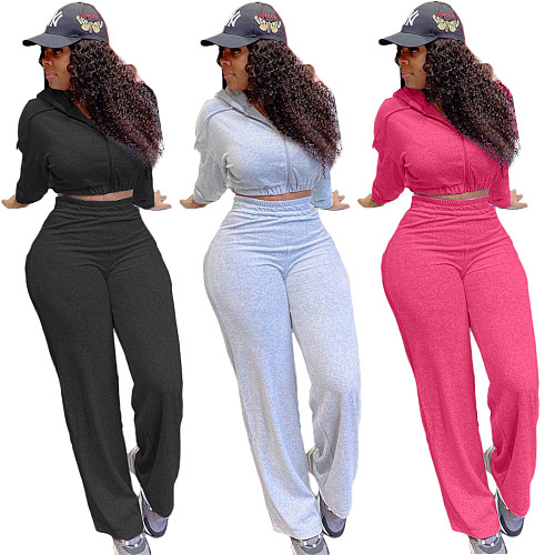 Solid Color Hooded Crop Top Wide Leg Pants Tracksuit NIYA-8028