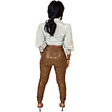 Pleated Elastic Bright PU Leather Skinny Pants BGN-220