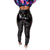 Pleated Elastic Bright PU Leather Skinny Pants BGN-220