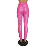 Pleated Elastic Bright PU Leather Skinny Pants BGN-220