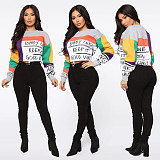 Color Block Print Long Sleeve O Neck Crop Top JLY-19153