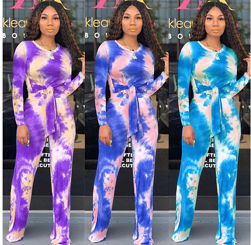 Tie Dye Front Lace Up T-shirt+Wide Leg Pants Set OM-1082
