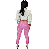 Pleated Elastic Bright PU Leather Skinny Pants BGN-220