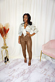 Pleated Elastic Bright PU Leather Skinny Pants BGN-220