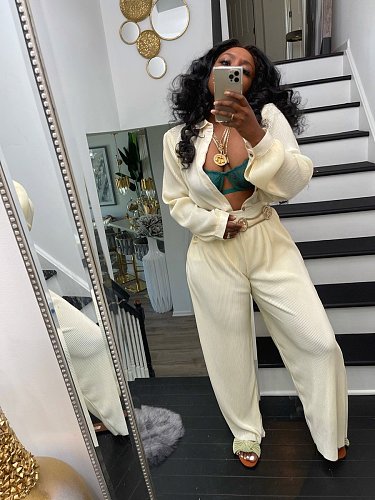 Casual Single Breasted Shirts Top Wide Leg Pant Suits LSD-81060