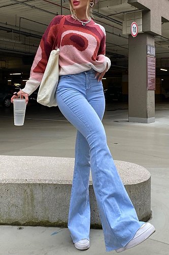 High Waist Zipper Stretch Flare Jeans Pants LX-5510