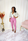 Pleated Elastic Bright PU Leather Skinny Pants BGN-220